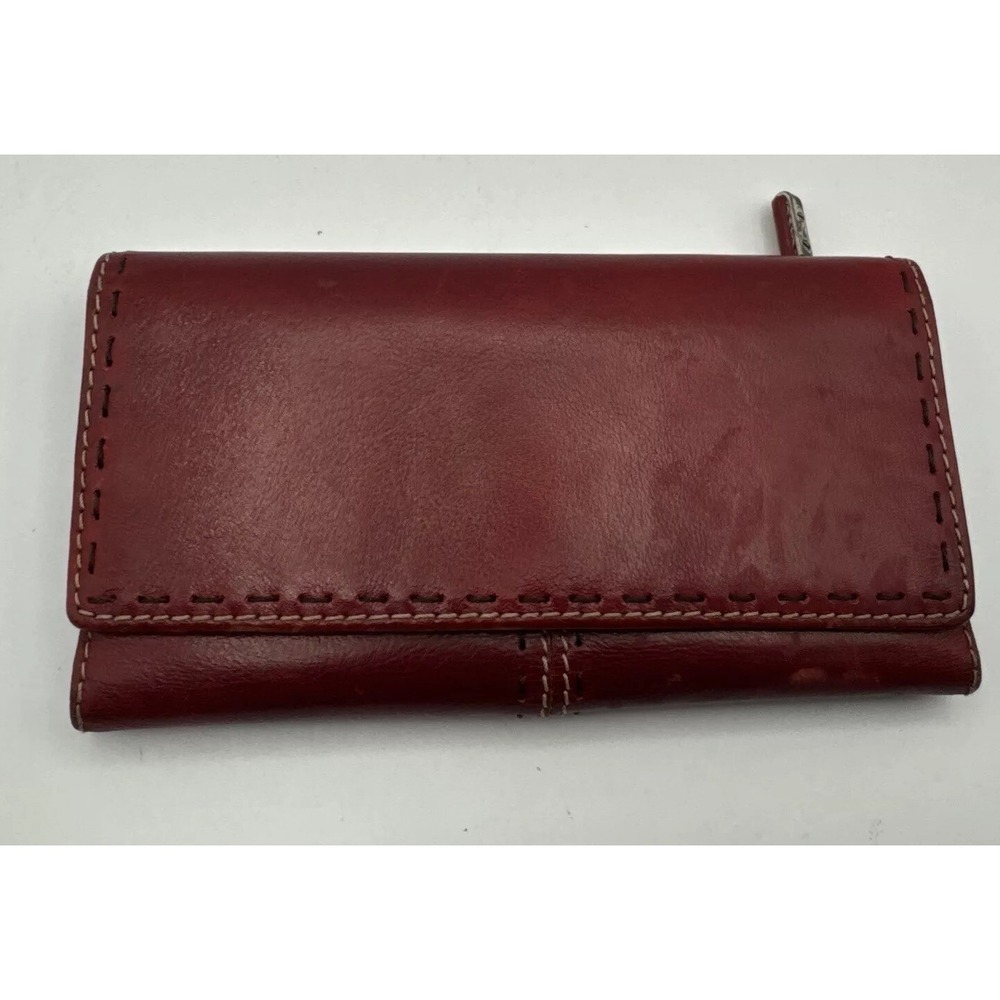Vintage Fossil Pop Stitch Trifold Checkbook Wallet Cranberry Red Snap Zip